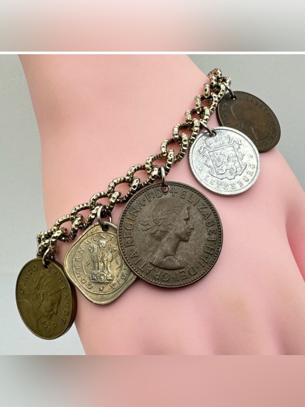 Vintage Coins of the World Charm Bracelet Silver Tone Chain Boho Statement
